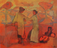 Image of a painting with two figures linking arms. In oranges and yellows. Title: A Country Dance