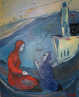 Image of a painting with two figures in a boat on a lake. They are dressed in long hooded robes, one in red, the other in blue with hands held as if in supplication. Title: Journey to the Afterlife