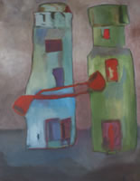 Image of a painting of two lighthouses each with a red pipe. Title: Two Lighthouses Having a Smoke